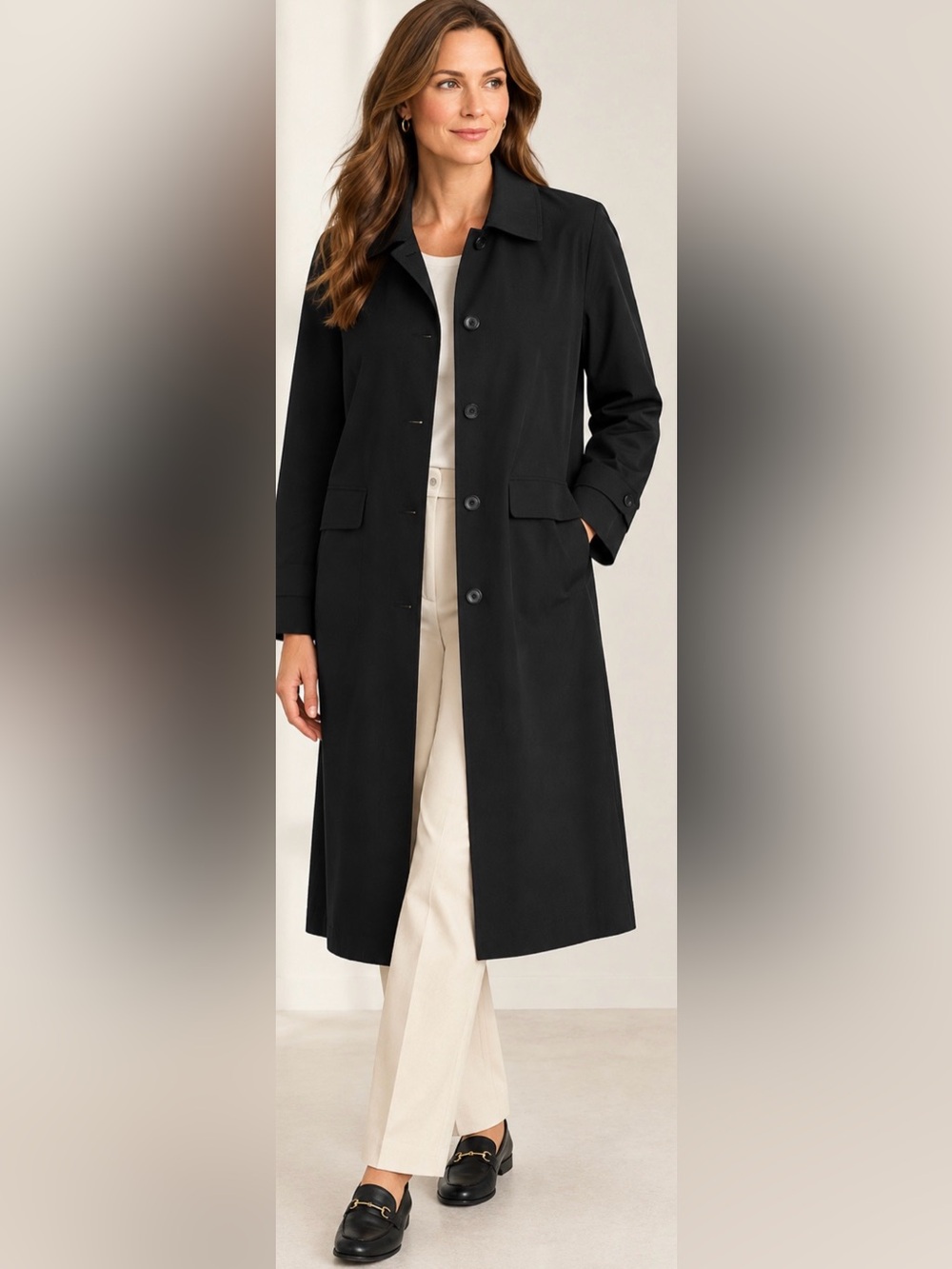 Talbots Black Long Button-Front Trench Coat